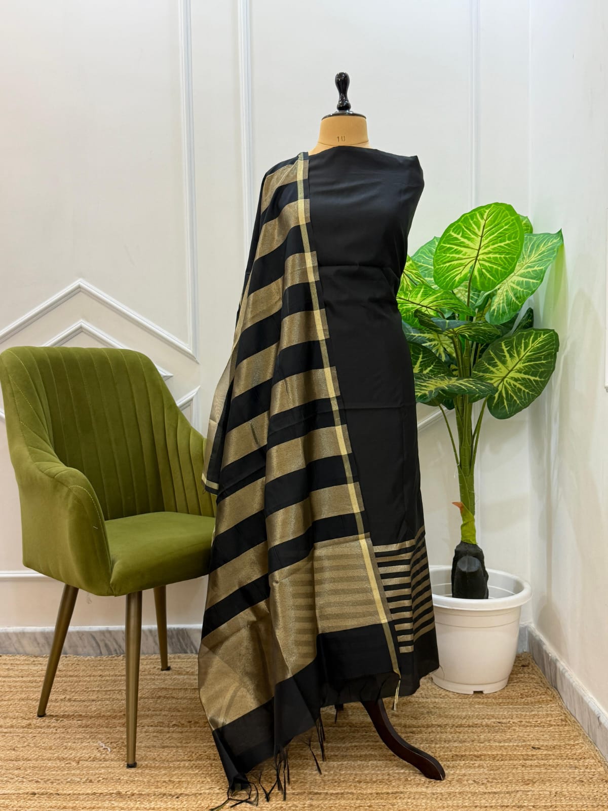 Black Cotton Silk Suit With Stripe Zari Dupatta