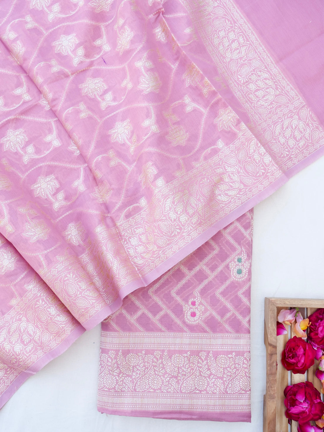 Pink Banarasi Cotton Unstitched Suit Set