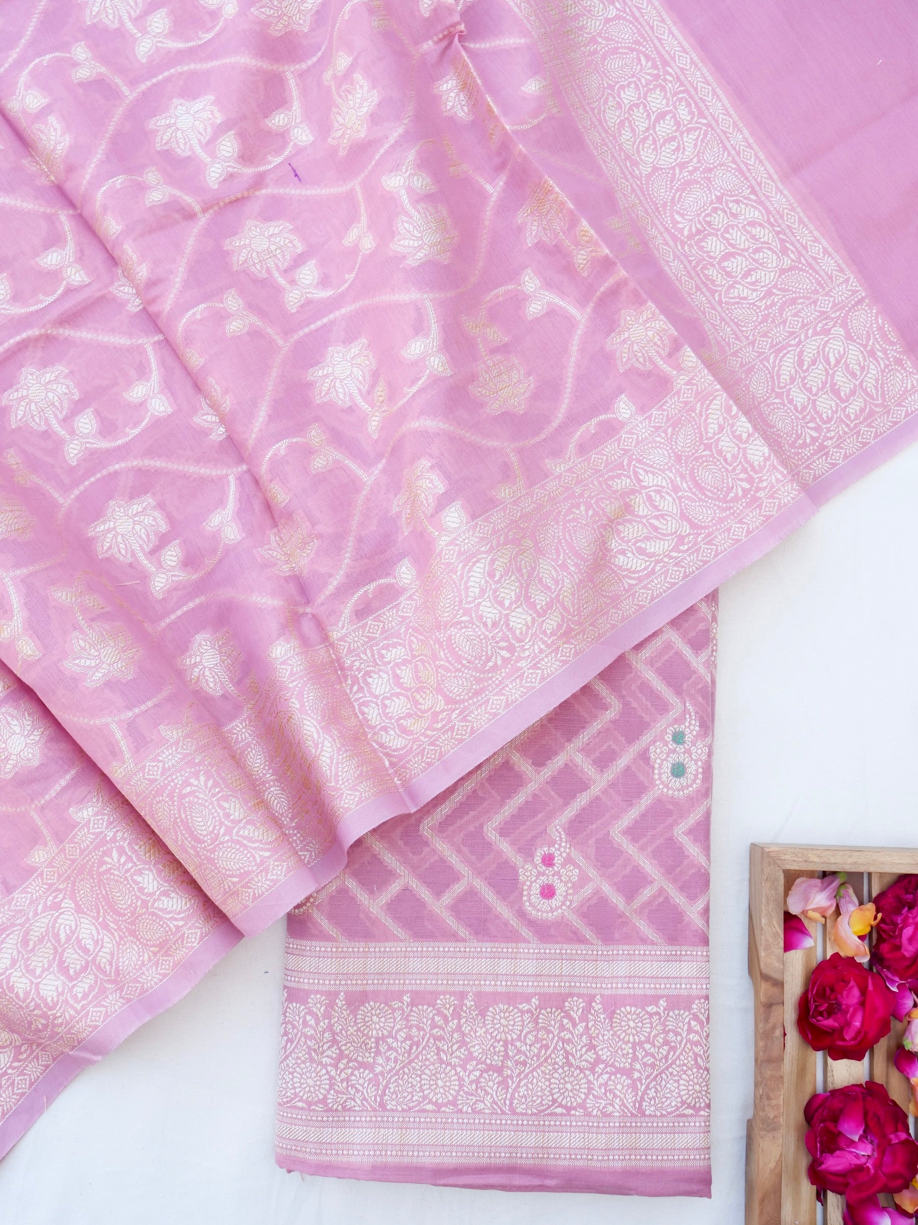 Pink Banarasi Cotton Unstitched Suit Set