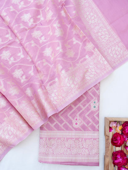 Pink Banarasi Cotton Unstitched Suit Set