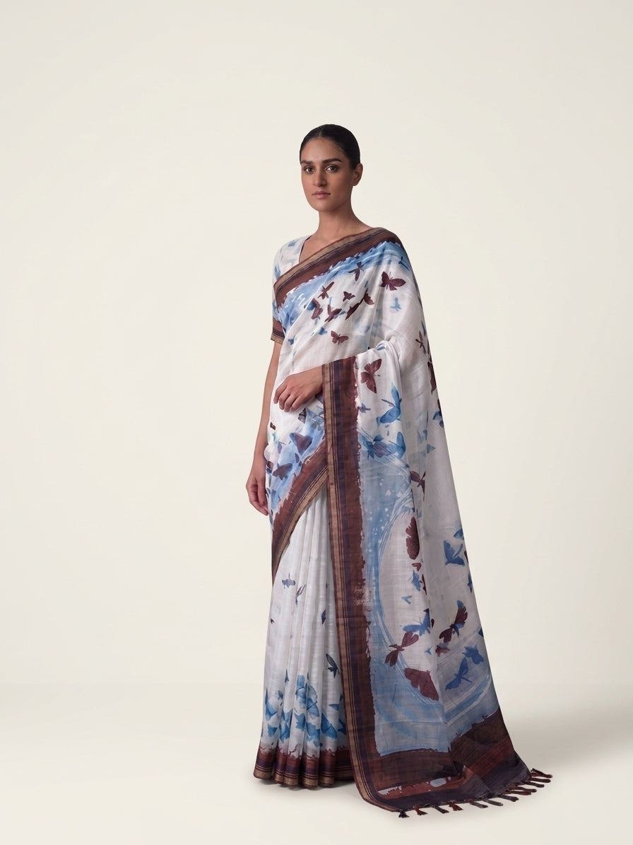 Sky Blue Organza Silk Butterfly Print Banarasi Saree