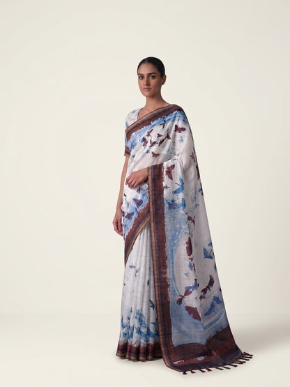 Sky Blue Organza Silk Butterfly Print Banarasi Saree