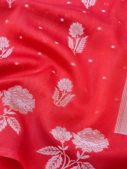 Red Chiniya Silk Blended Buti Banarasi saree