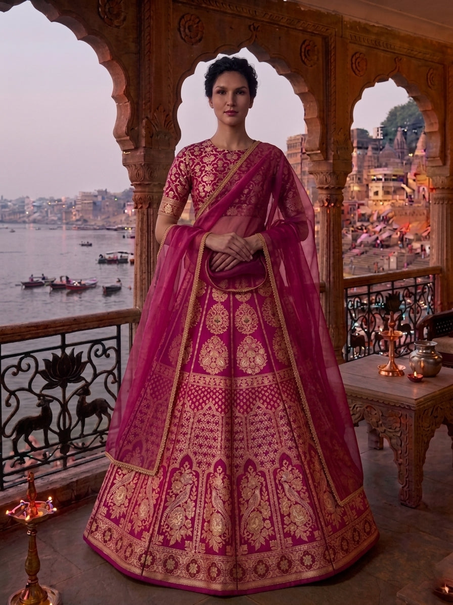 Jaya Pink Handwoven Pure Silk Banarasi Lehenga with Meenakari