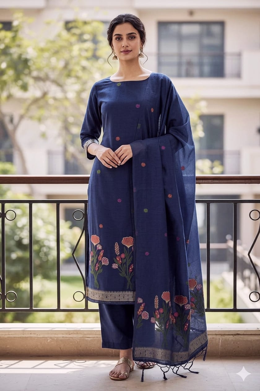 Navy Blue Cotton Zamadani Banarasi Suit Fabric