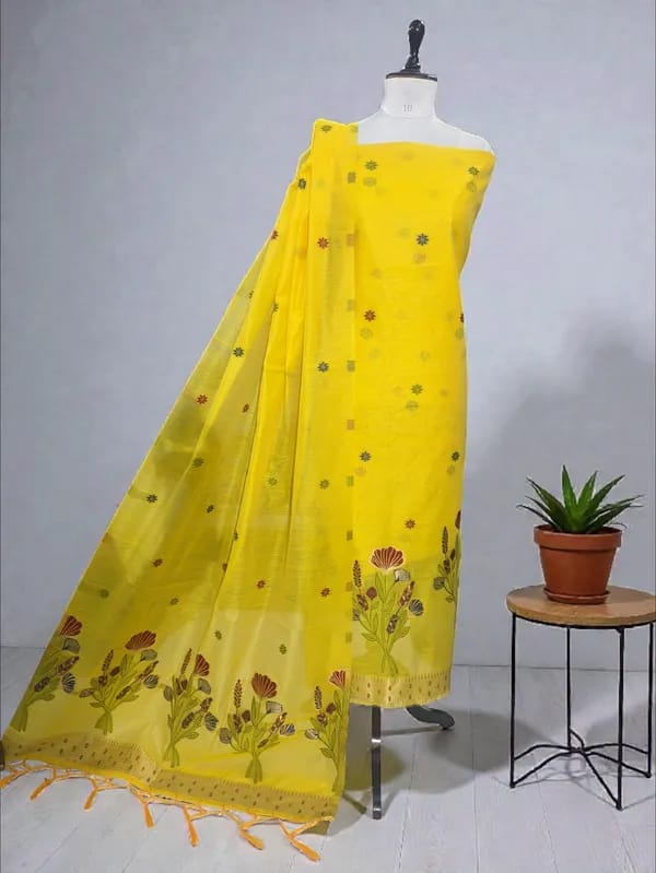 Yellow Cotton Zamadani Banarasi Suit Fabric