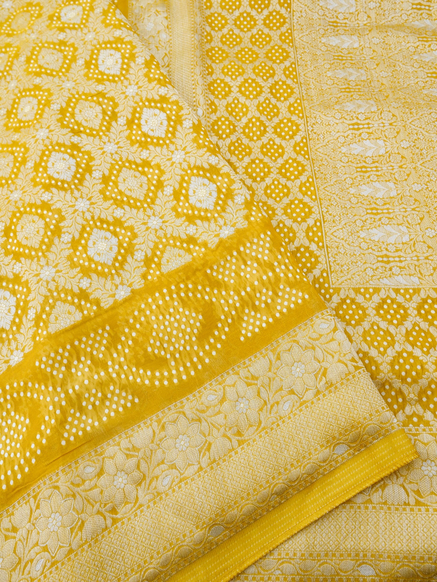 Yellow Bandhani Georgette Silk Banarasi Saree