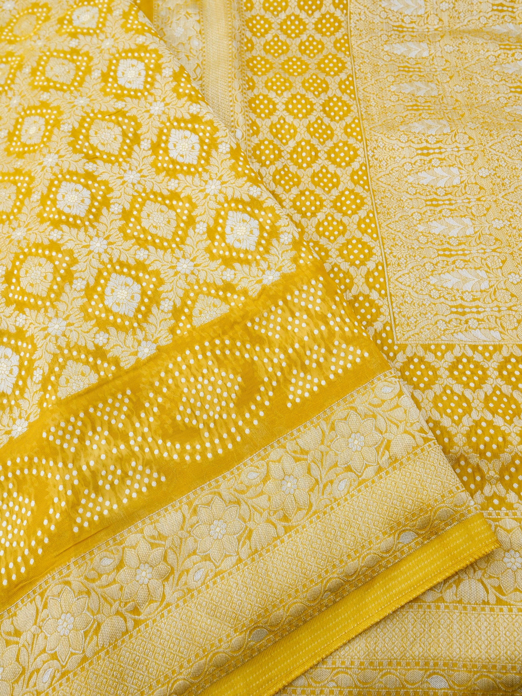 Yellow Bandhani Georgette Silk Banarasi Saree