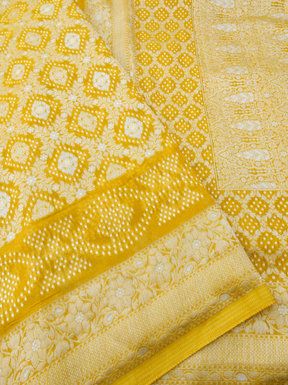 Yellow Bandhani Georgette Silk Banarasi Saree