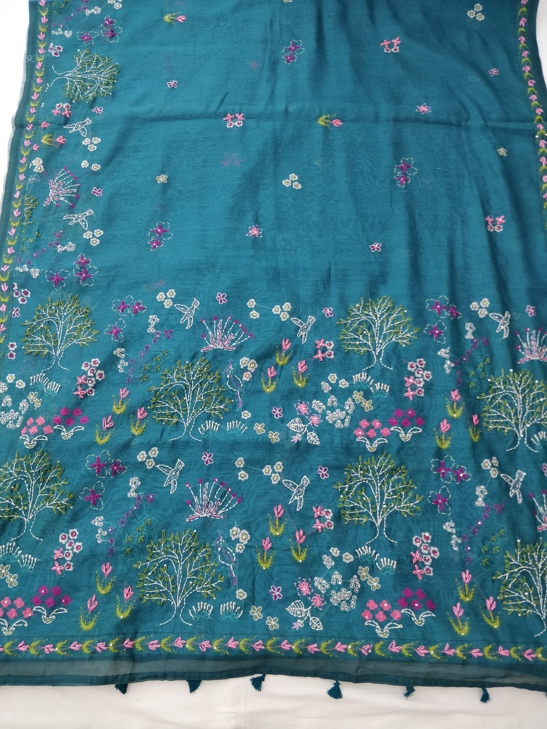 Rama Green Mul Chanderi Silk Digital Print With Embroidery Saree