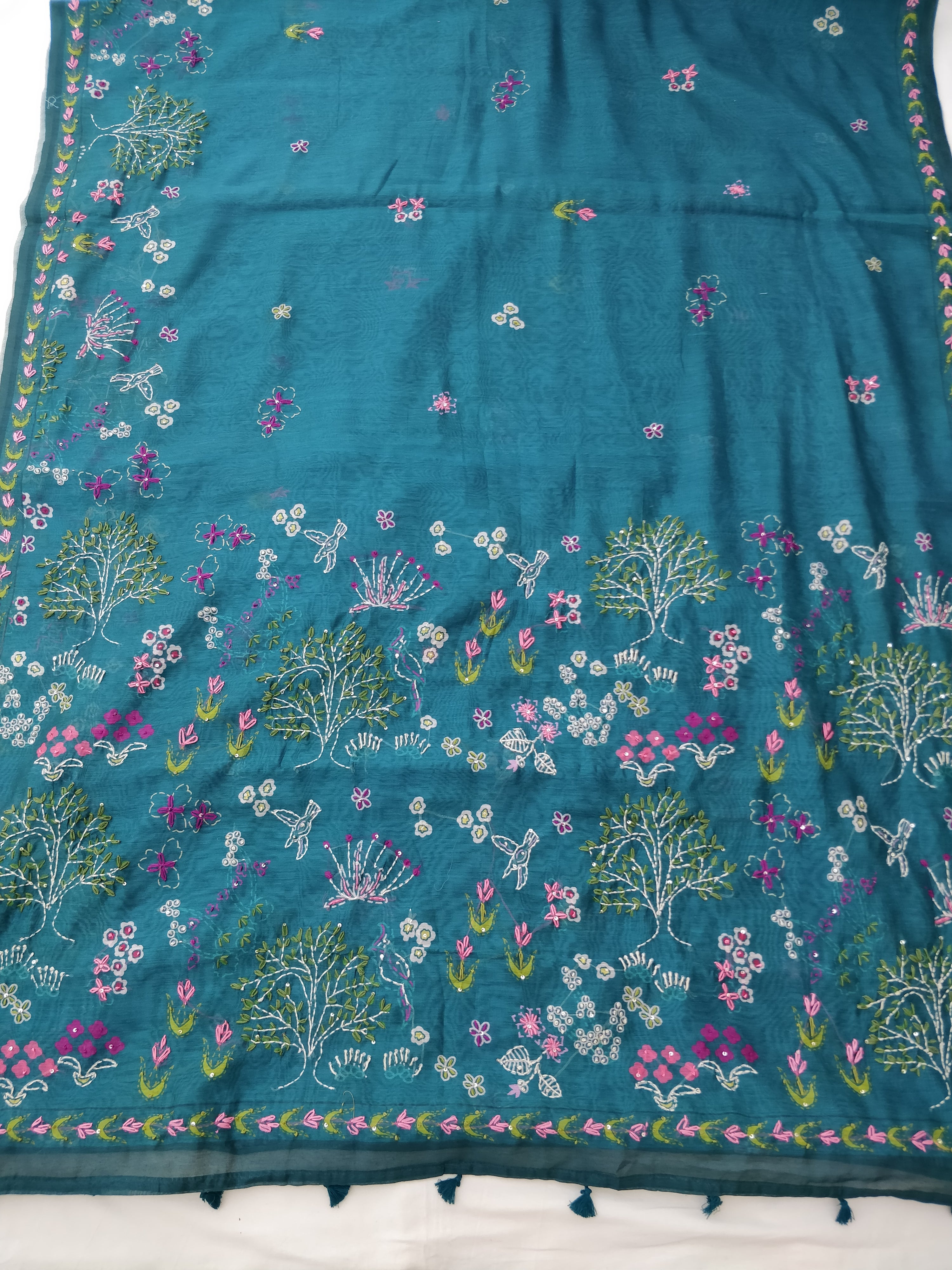 Rama Green Mul Chanderi Silk Digital Print With Embroidery Saree
