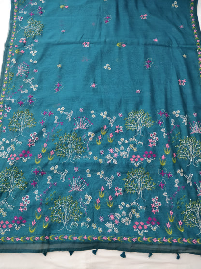Rama Green Mul Chanderi Silk Digital Print With Embroidery Saree