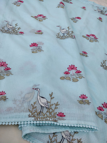 Sky Blue Kota Crane Floral Embroidery Saree