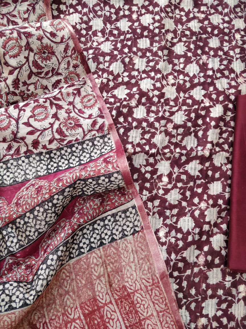 Maroon Digital Printed Chanderi Cotton Banarasi Suit Fabric