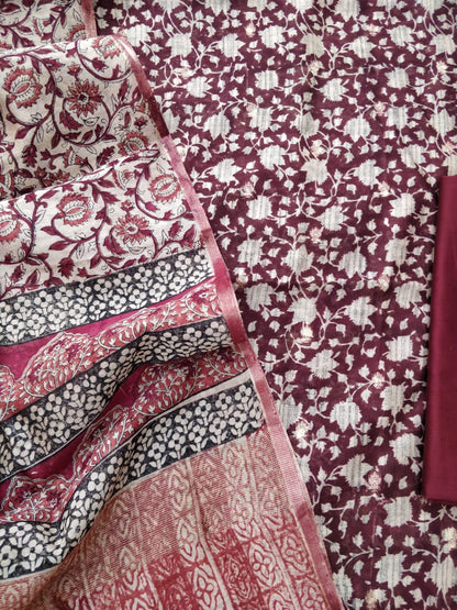 Maroon Digital Printed Chanderi Cotton Banarasi Suit Fabric