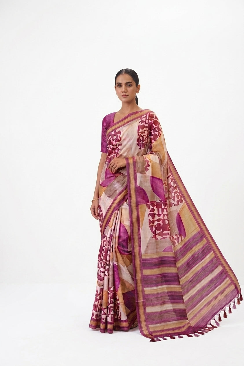 Pink Mul Chanderi Digital Print Banarasi Saree