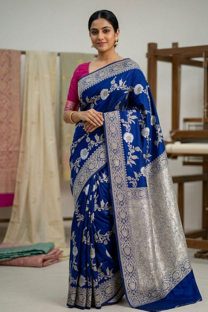 Blue Banarasi Silk Saree with Zari Floral Jaal