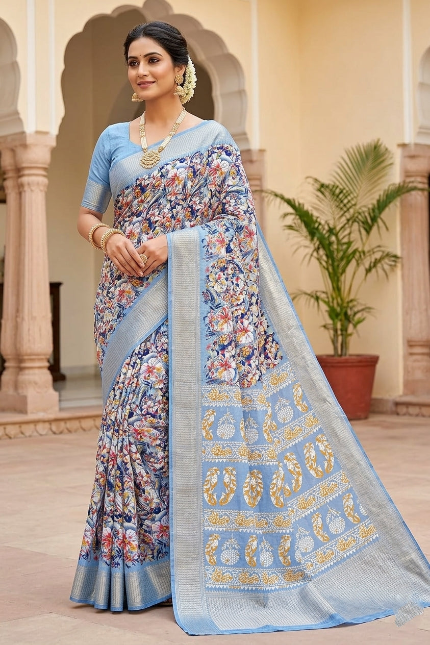 Grey Chanderi Cotton Silk Floral Digital Print Banarasi Saree