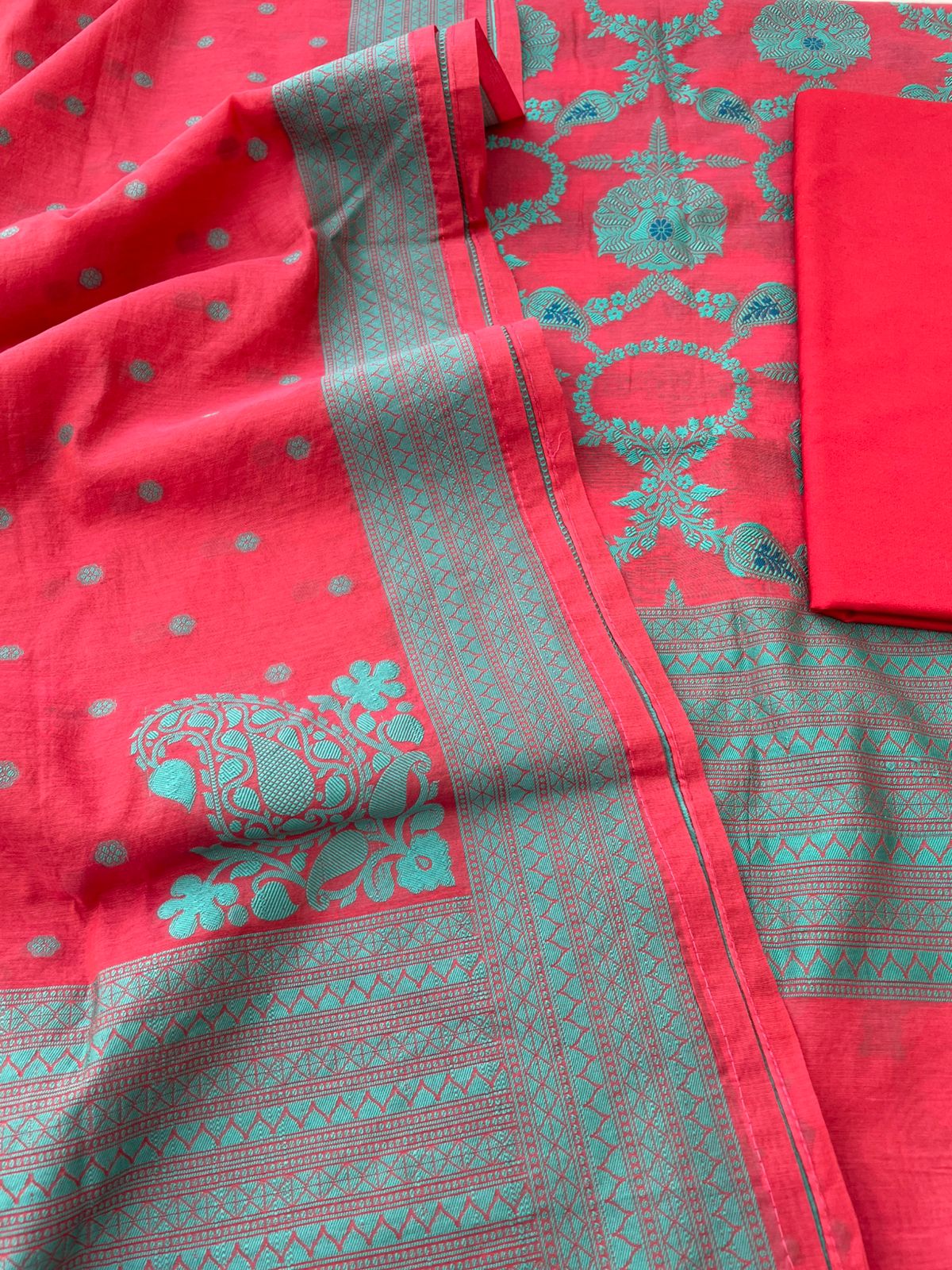 Red Cotton Silk Banarasi Unstitched Suit Fabric