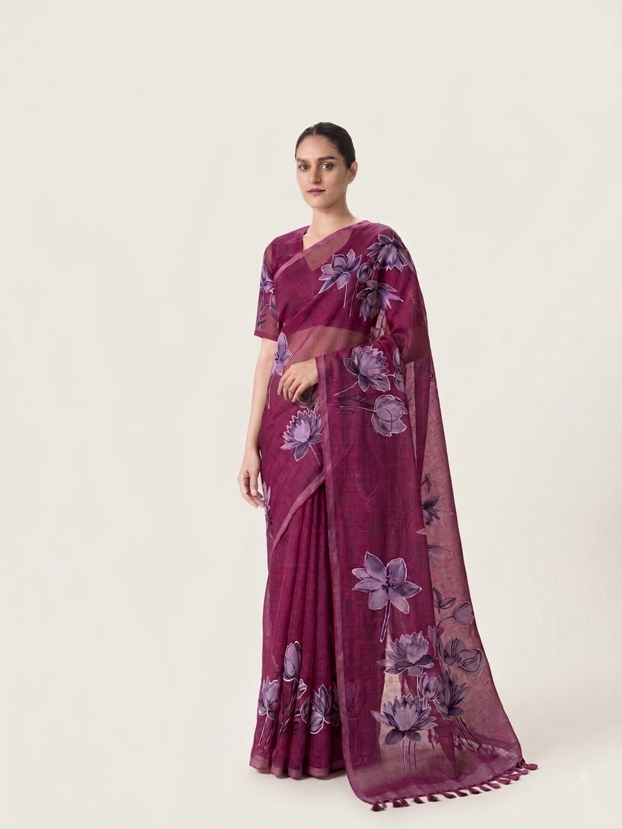 Pink Kota Floral Print With Embroidery Saree