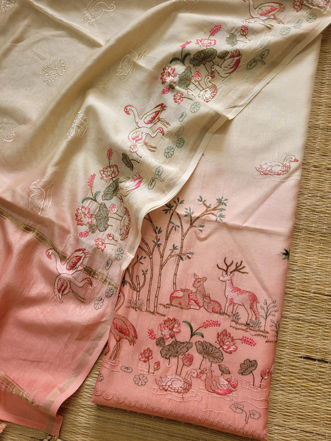 Orange Pure Chanderi Silk Embroidered Suit Fabric