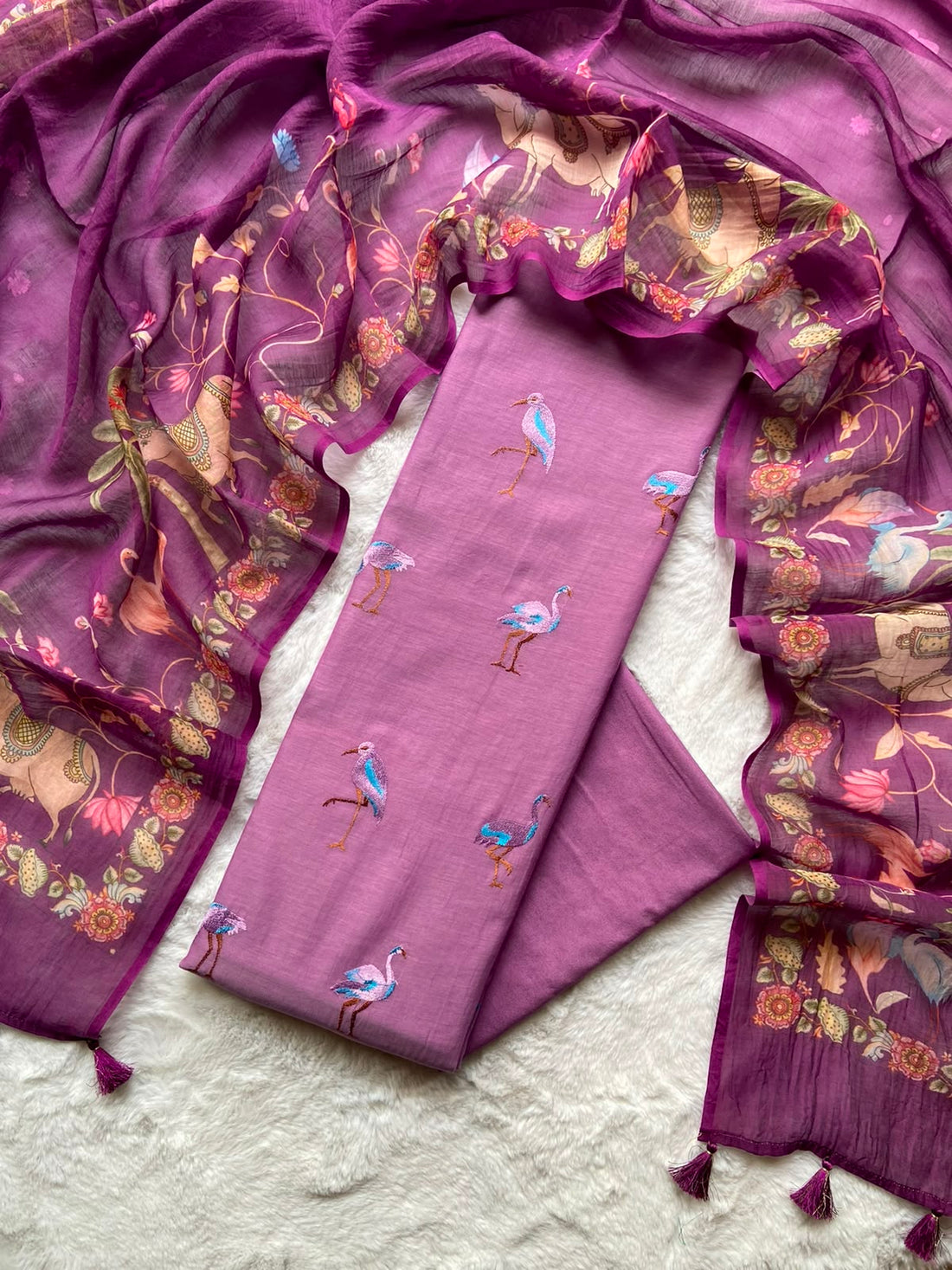 Purple Mul Cotton Embroidery Suit Set