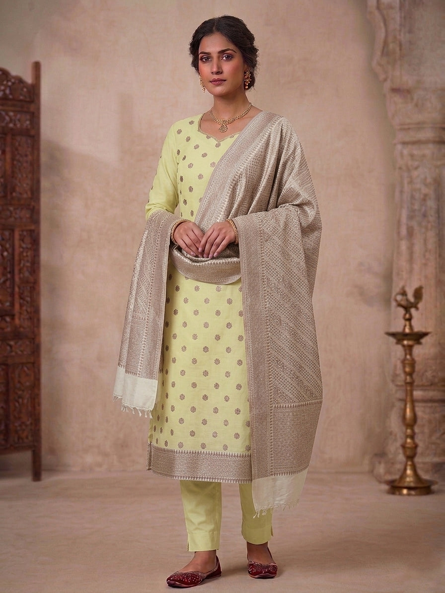 Lemon Yellow Cotton Banarasi Unstitched Suit Set