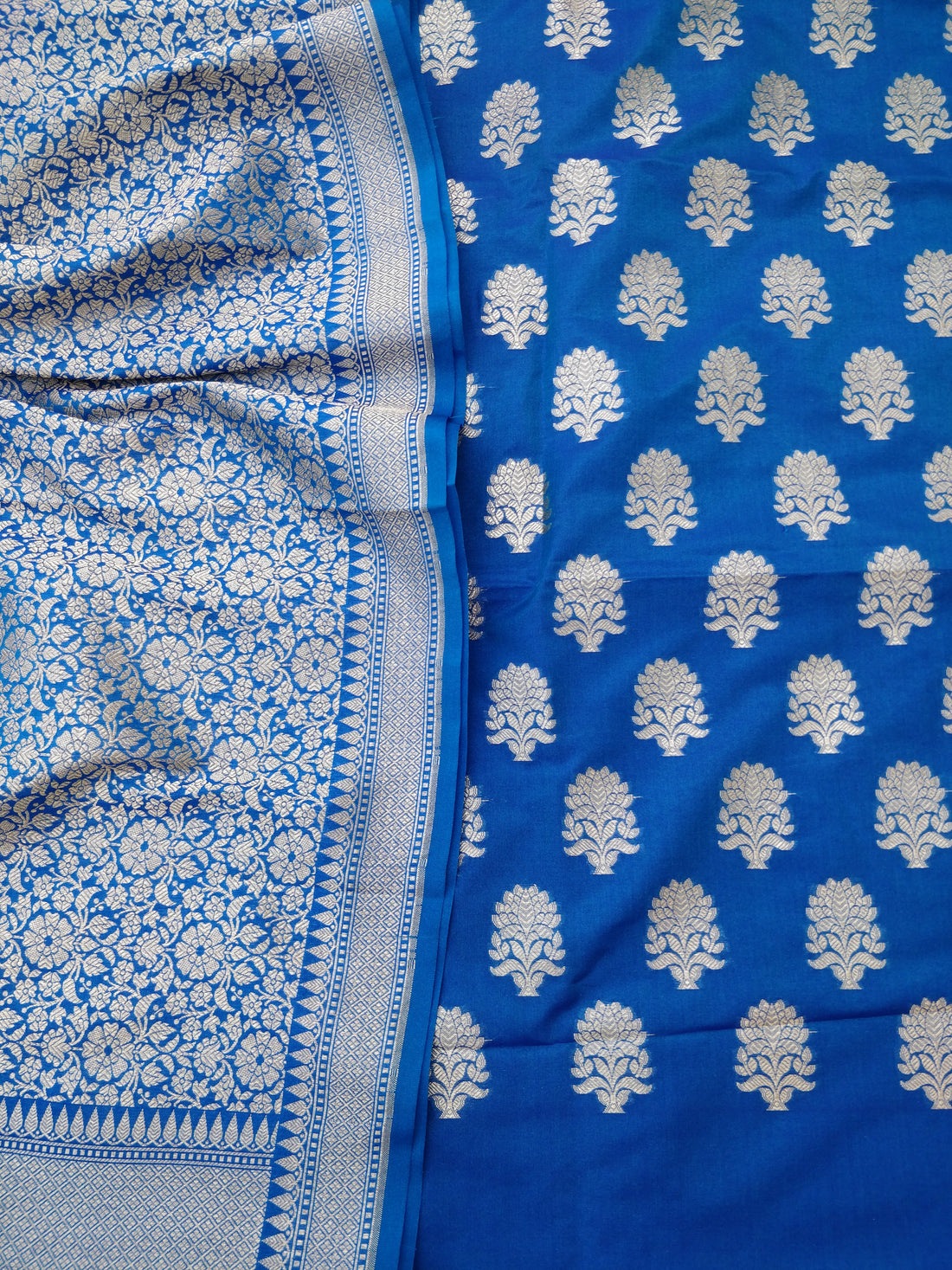 Blue Cotton Silk Banarsi Unstitched Suit Set