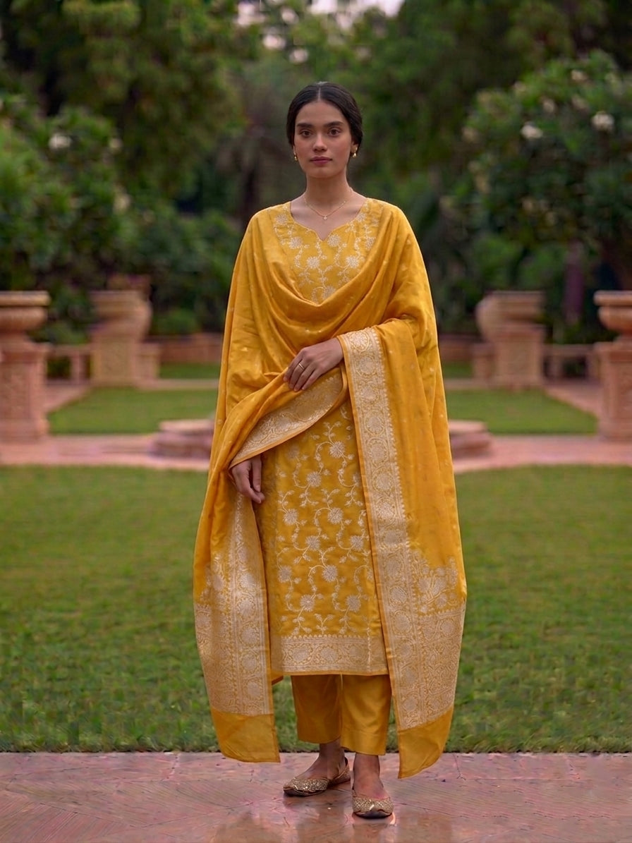 Yellow Munga Silk Unstitched Banarasi Suit Fabric