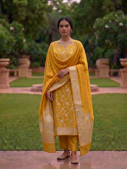 Yellow Munga Silk Unstitched Banarasi Suit Fabric