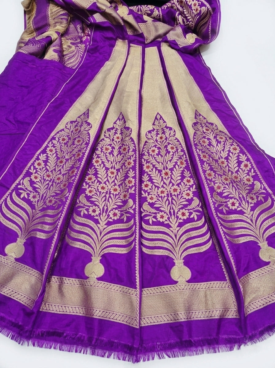 Purple Handwoven Pure Satin Silk Floral Banarasi Lehenga Panels
