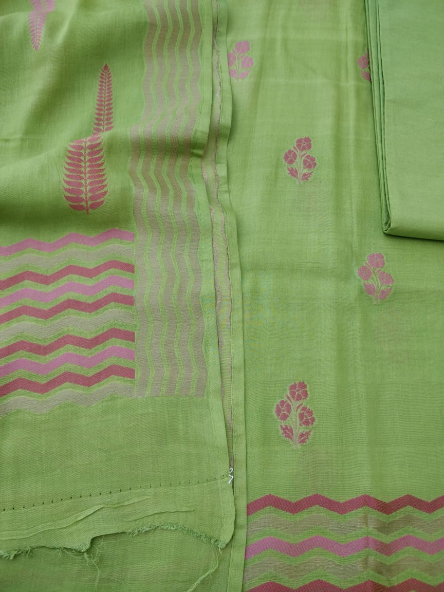 Green Cotton Silk Banarasi Unstitched Suit Fabric