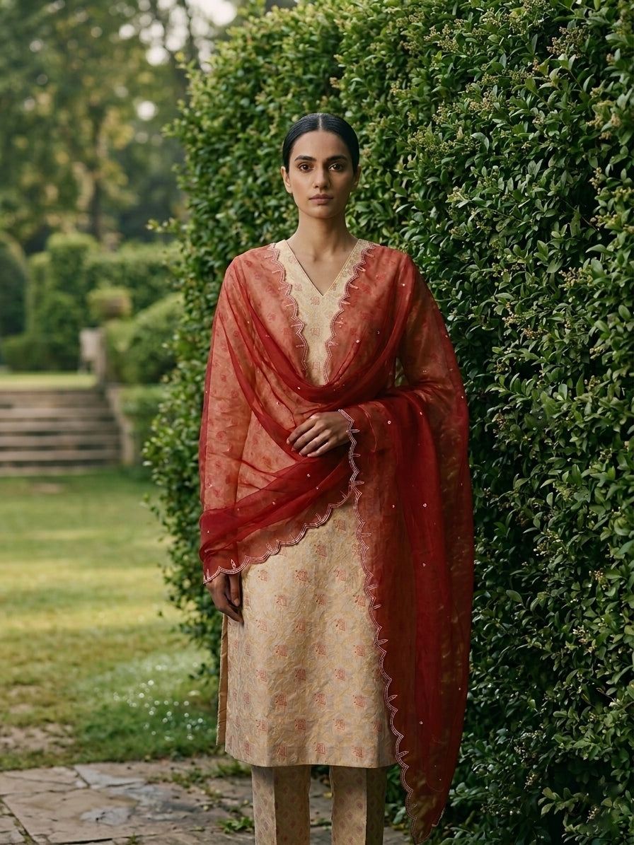 Gold Handwoven Shikargah Banarasi Suit Set