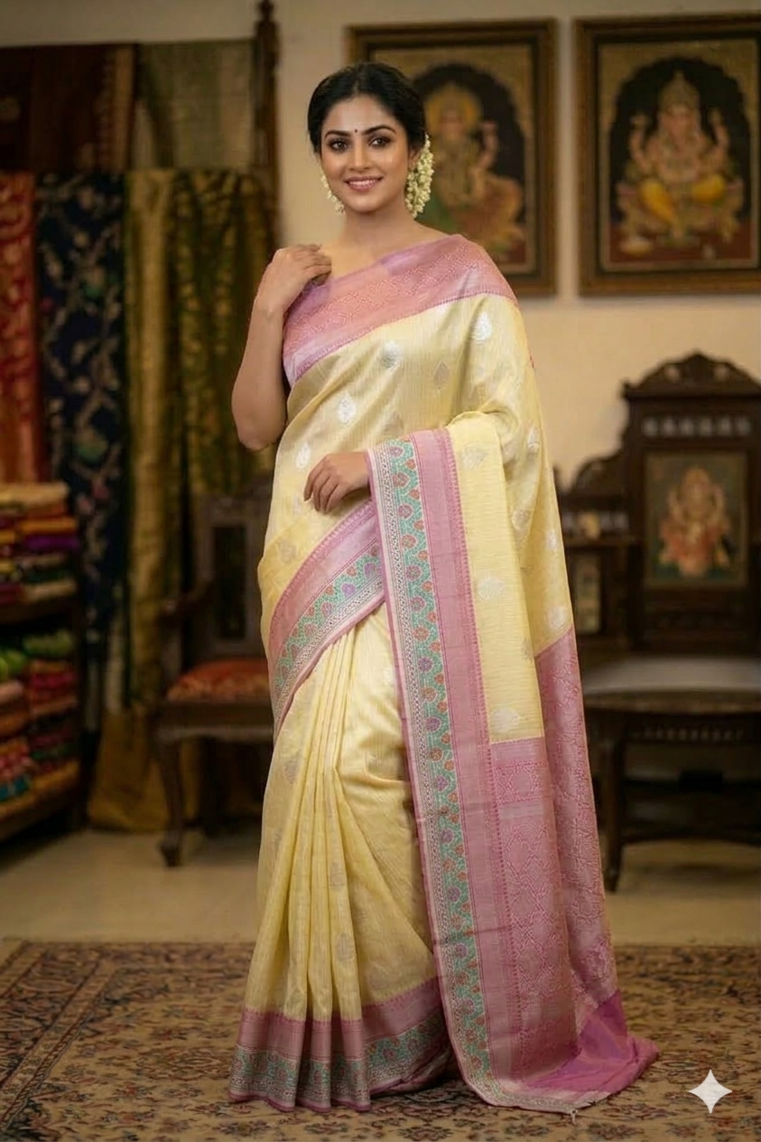 Kota Silk Lemon Yellow Buta Woven Banarasi Saree with Paithani Border