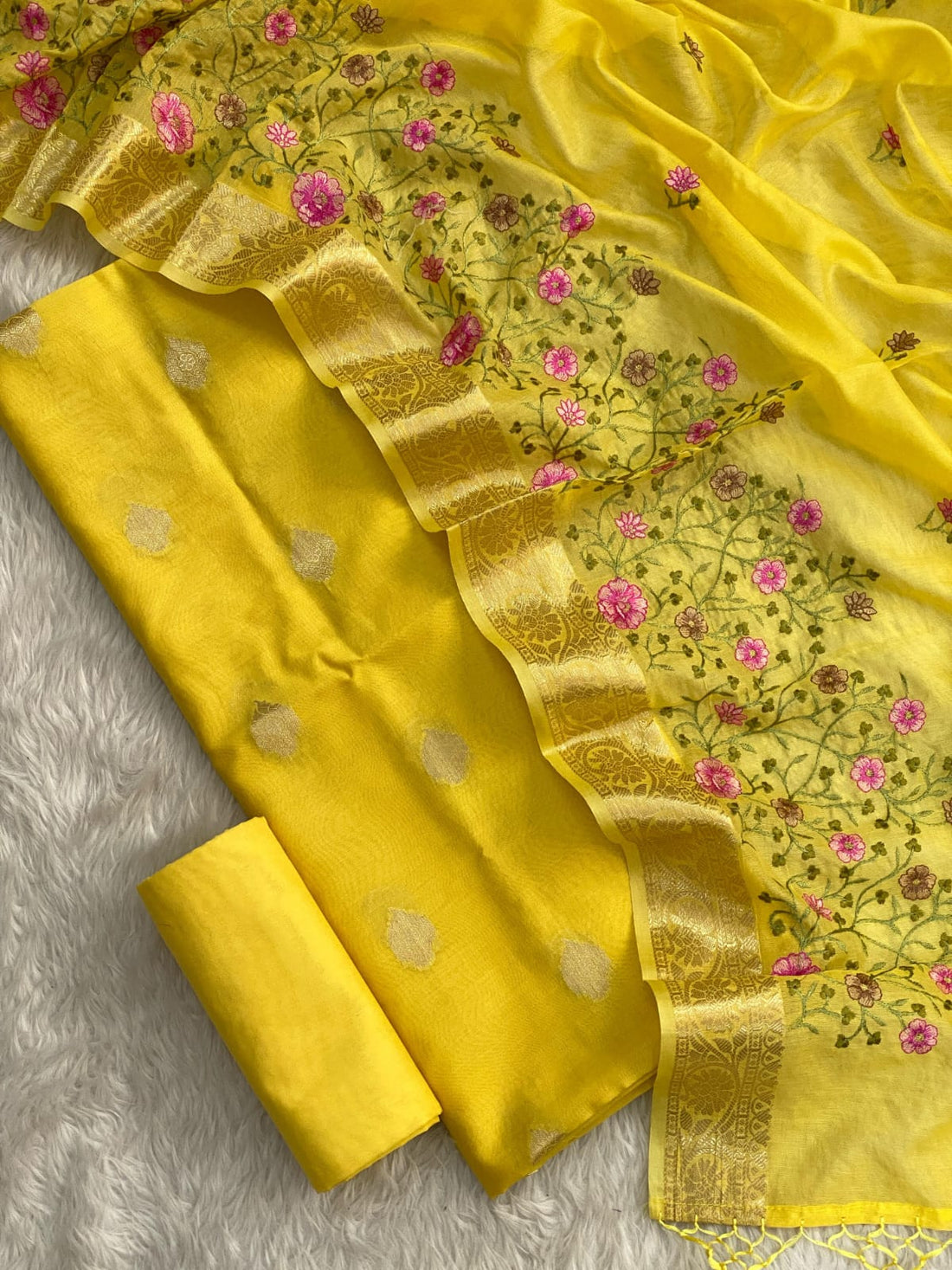 Yellow Mul Cotton Embroidered with Meenakari Suit Set