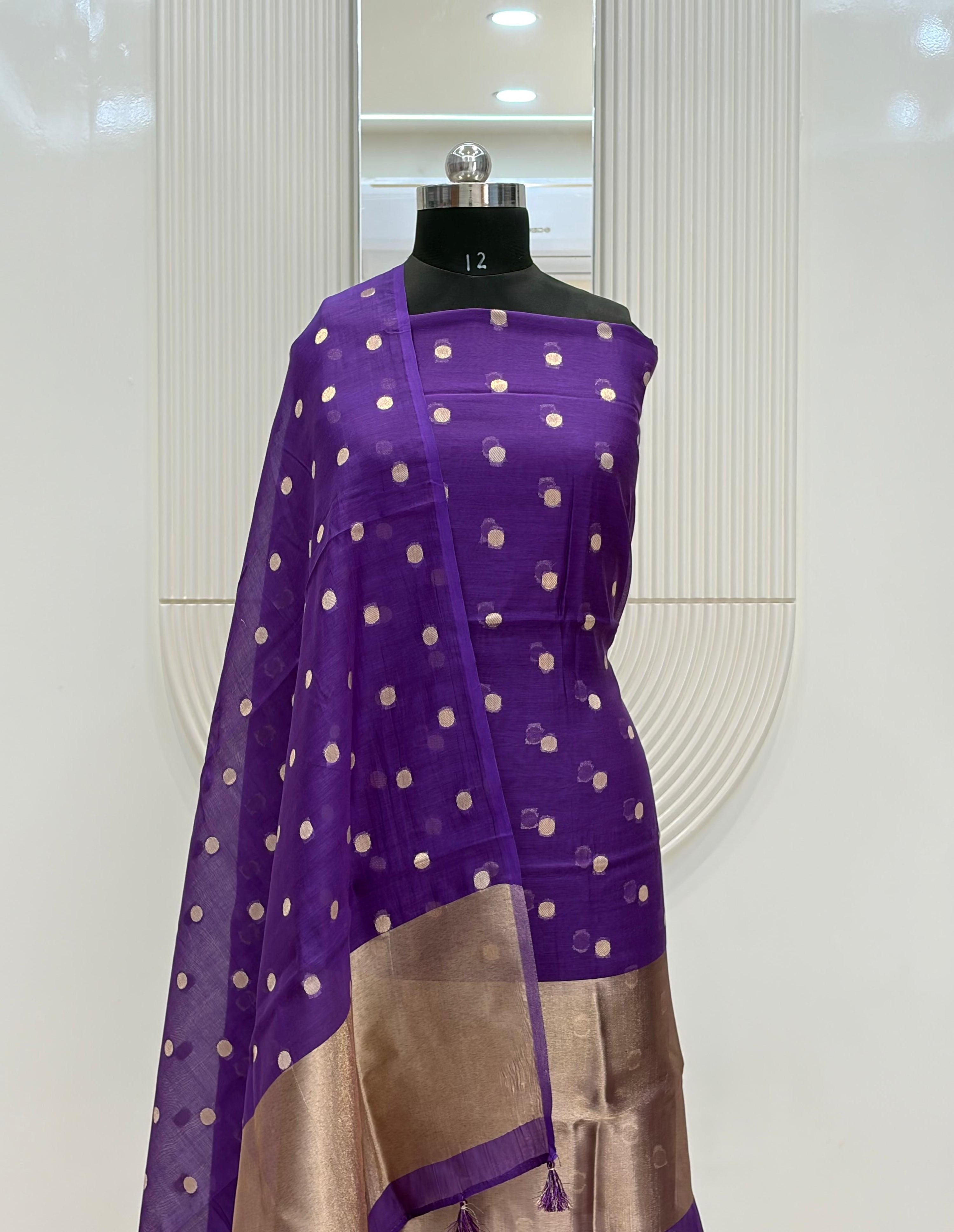 Purple Mul Chanderi Silk Zari Buti Suit Fabric