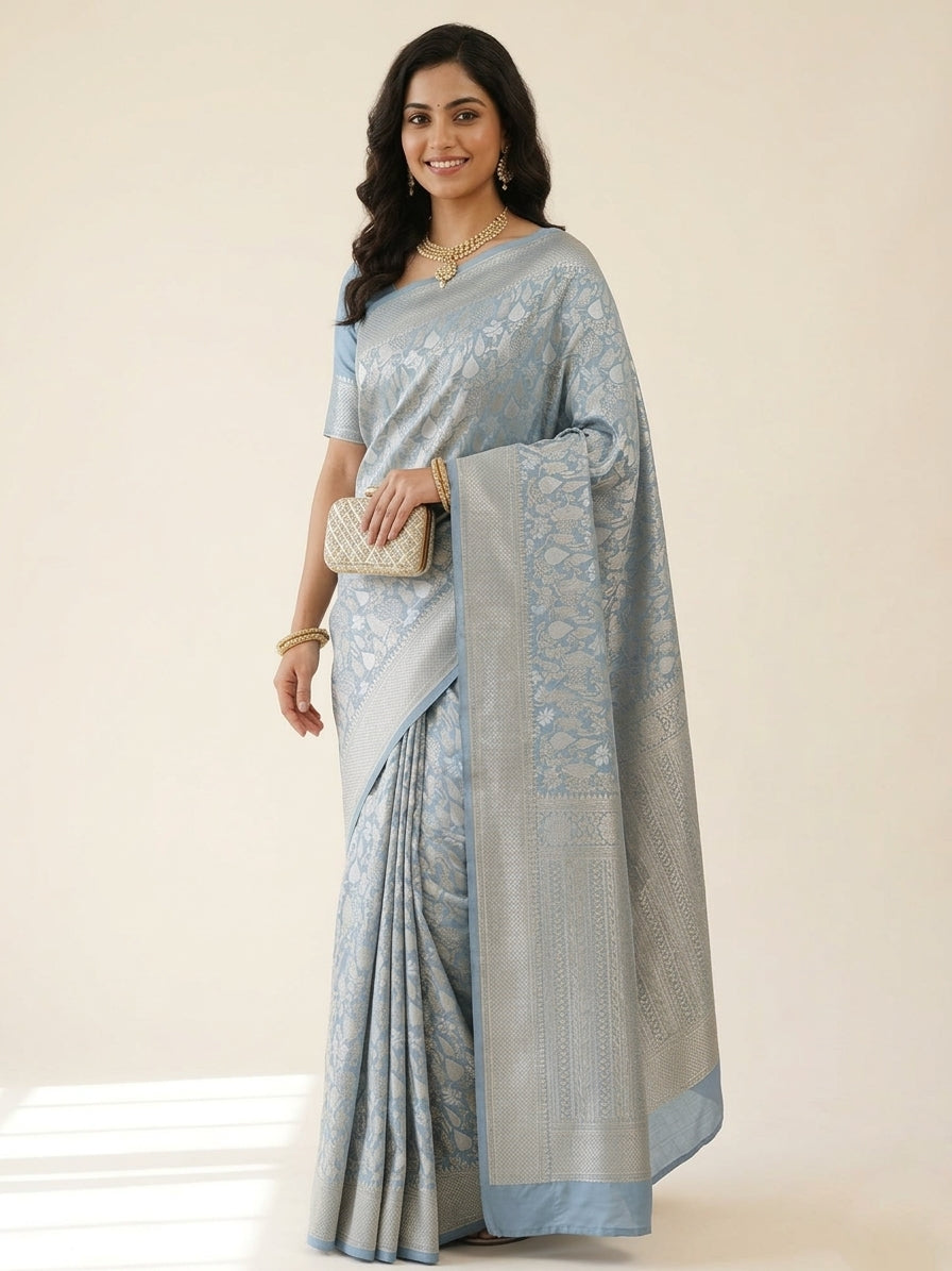 Gray Silk Tissue Jangla Banarasi Saree