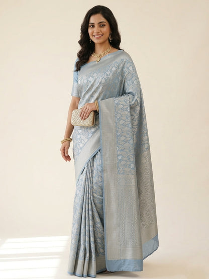 Gray Silk Tissue Jangla Banarasi Saree