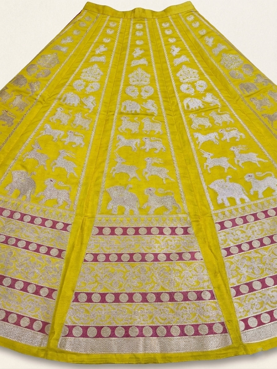 Yellow Pure Satin Silk Kadhua Shikargah Buti Lehenga Panels