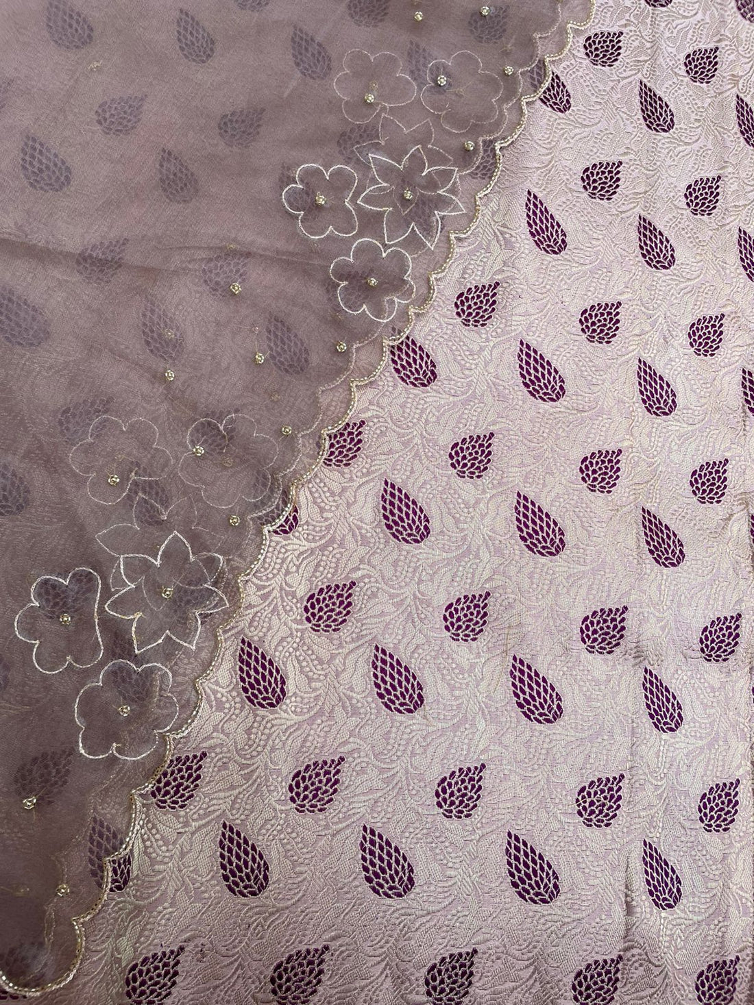 Beige Handwoven Pure Kataan Silk Banarasi Suit Set