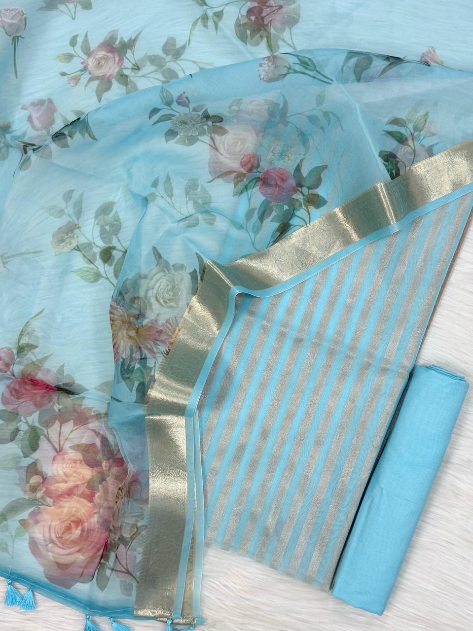 Sky Blue Striped Zari Chanderi Cotton Banarasi Suit Fabric