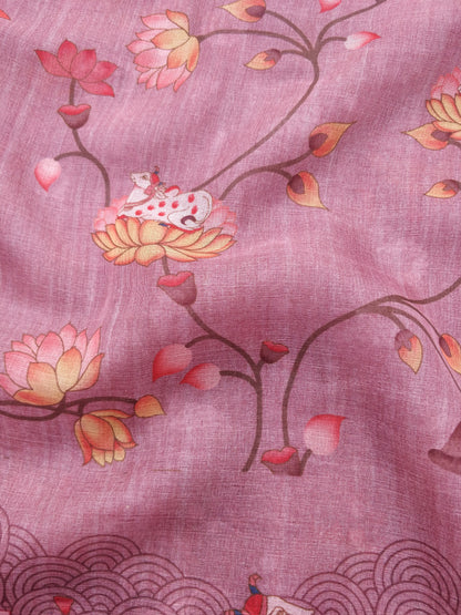 Pink Silk Tussar Printed Pichwai Saree