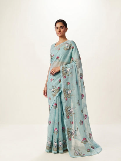 Sky Blue Kota Crane Floral Embroidery Saree
