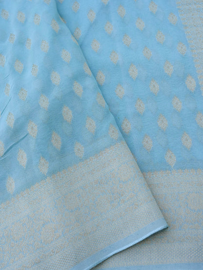 Sky Blue Georgette Silk Buti Banarasi Saree