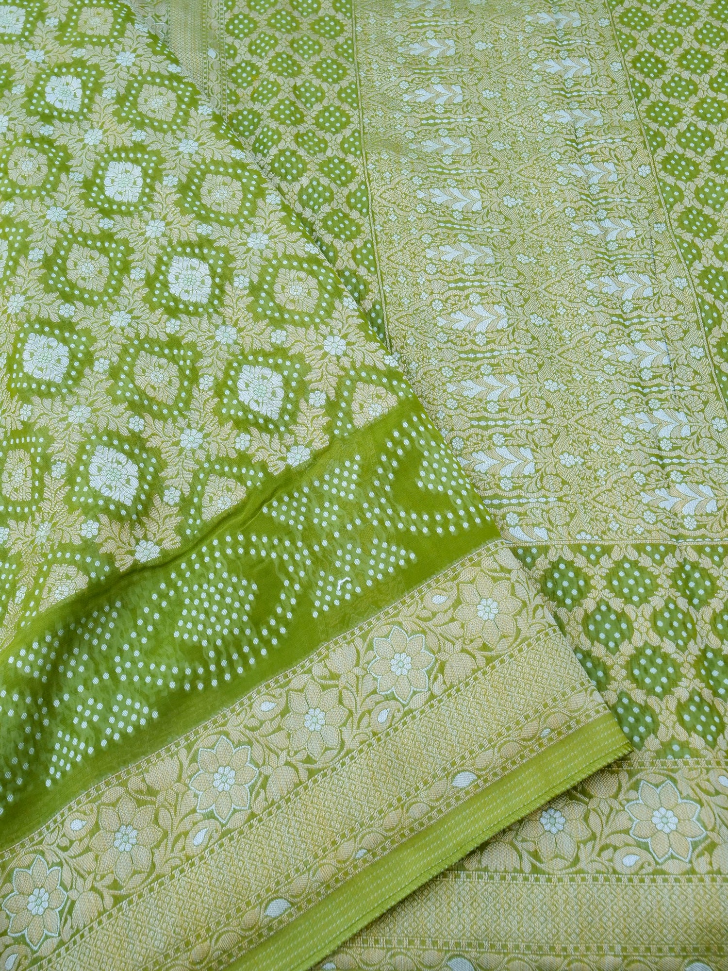 Green Bandhani Georgette Silk Banarasi Saree