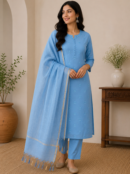 Blue Embroidery Banarasi Cotton Suit Set
