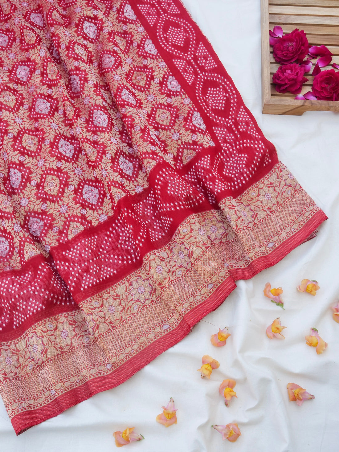 Red Bandhni Georgette Silk Banarasi Saree