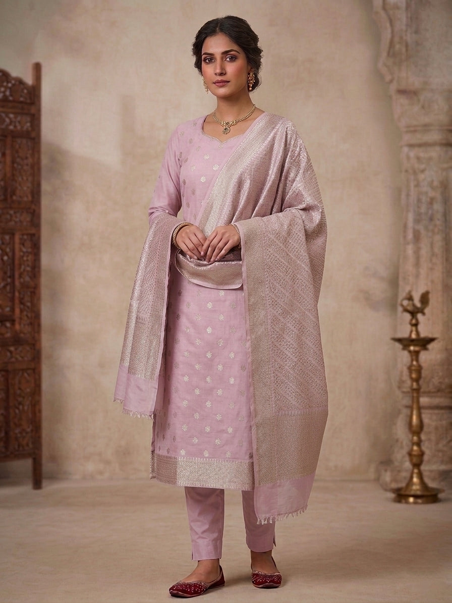 Mauve Cotton Silk Unstitched Banarasi Suit Set