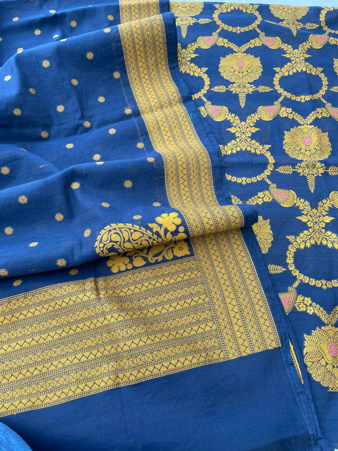 Navy Cotton Silk Banarasi Unstitched Suit Fabric
