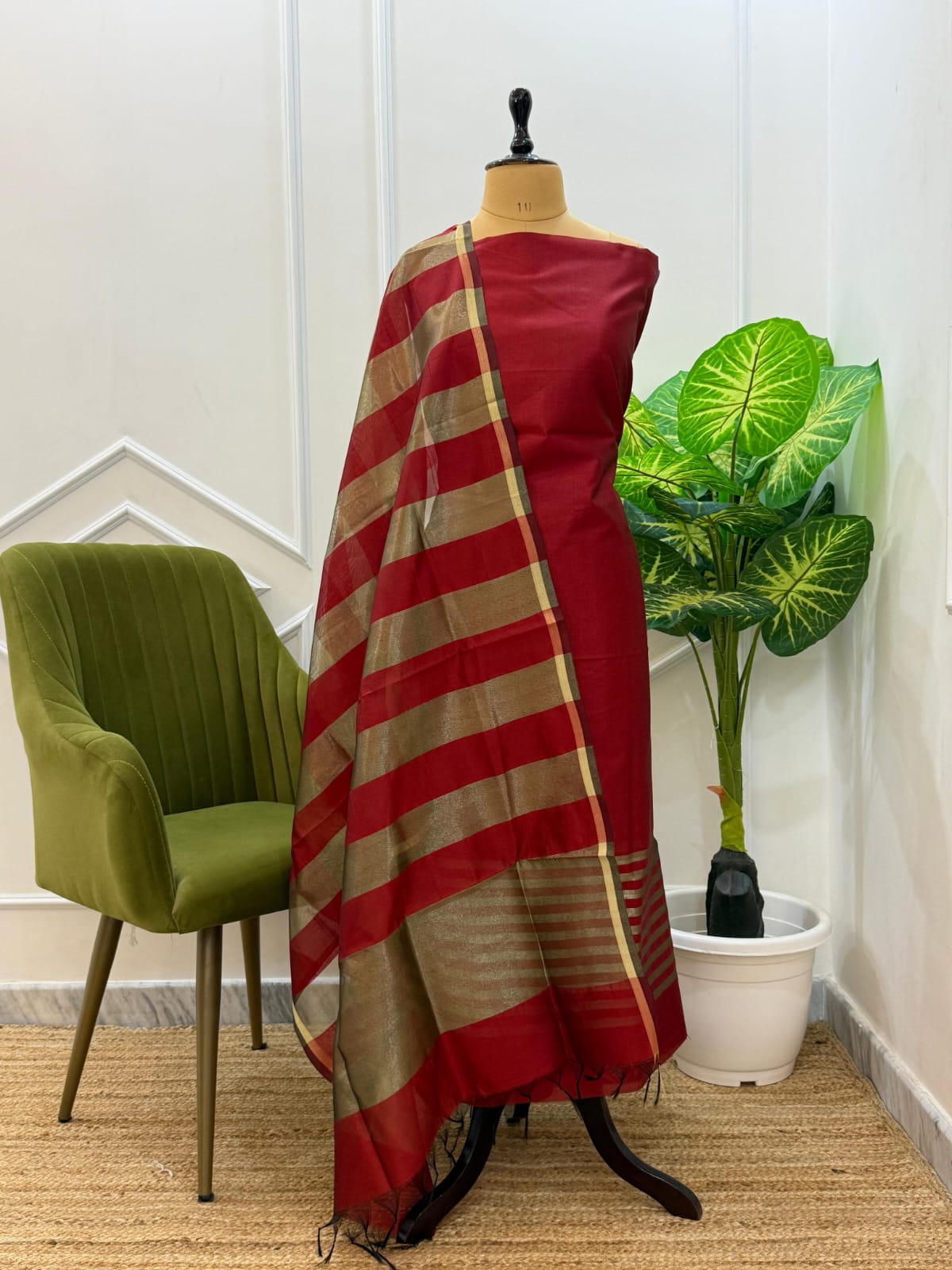 Red Cotton Silk Suit With Stripe Zari Dupatta
